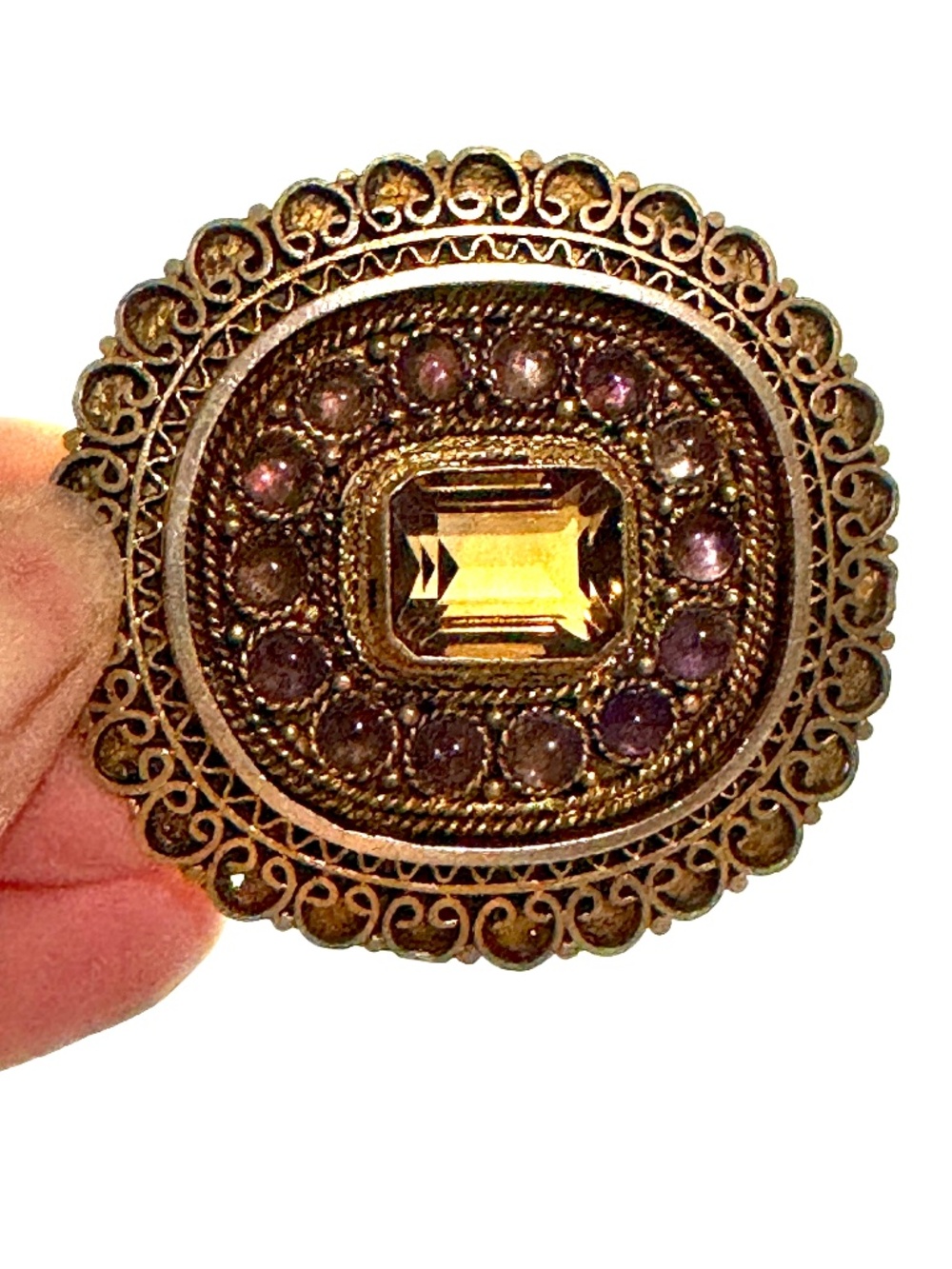 Vintage Israel 935 Silver Citrine Amethyst Cabochons Filigree Brooch Pin